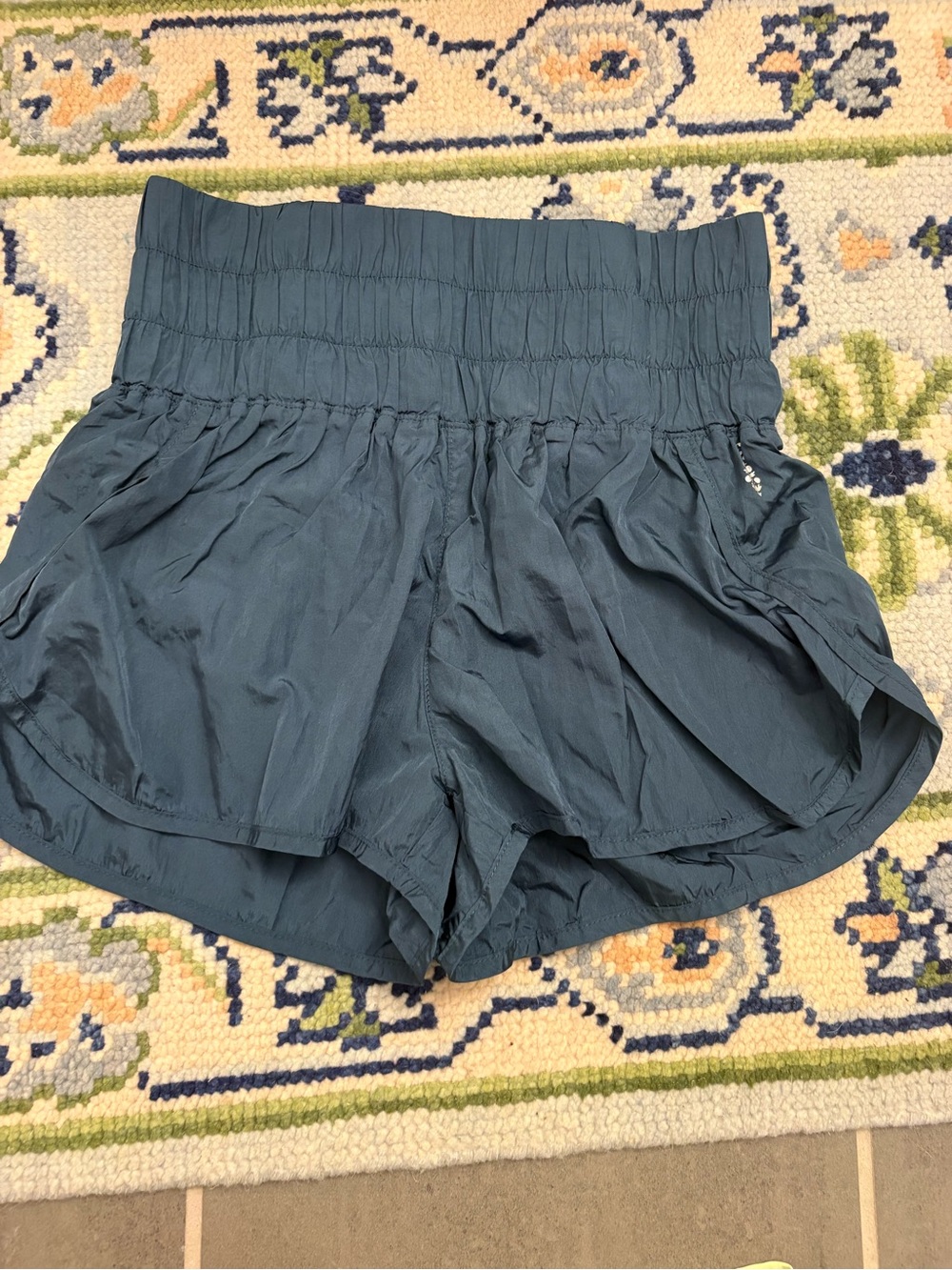 Free People High-Waist Smocked Shorts — Slate Blue
